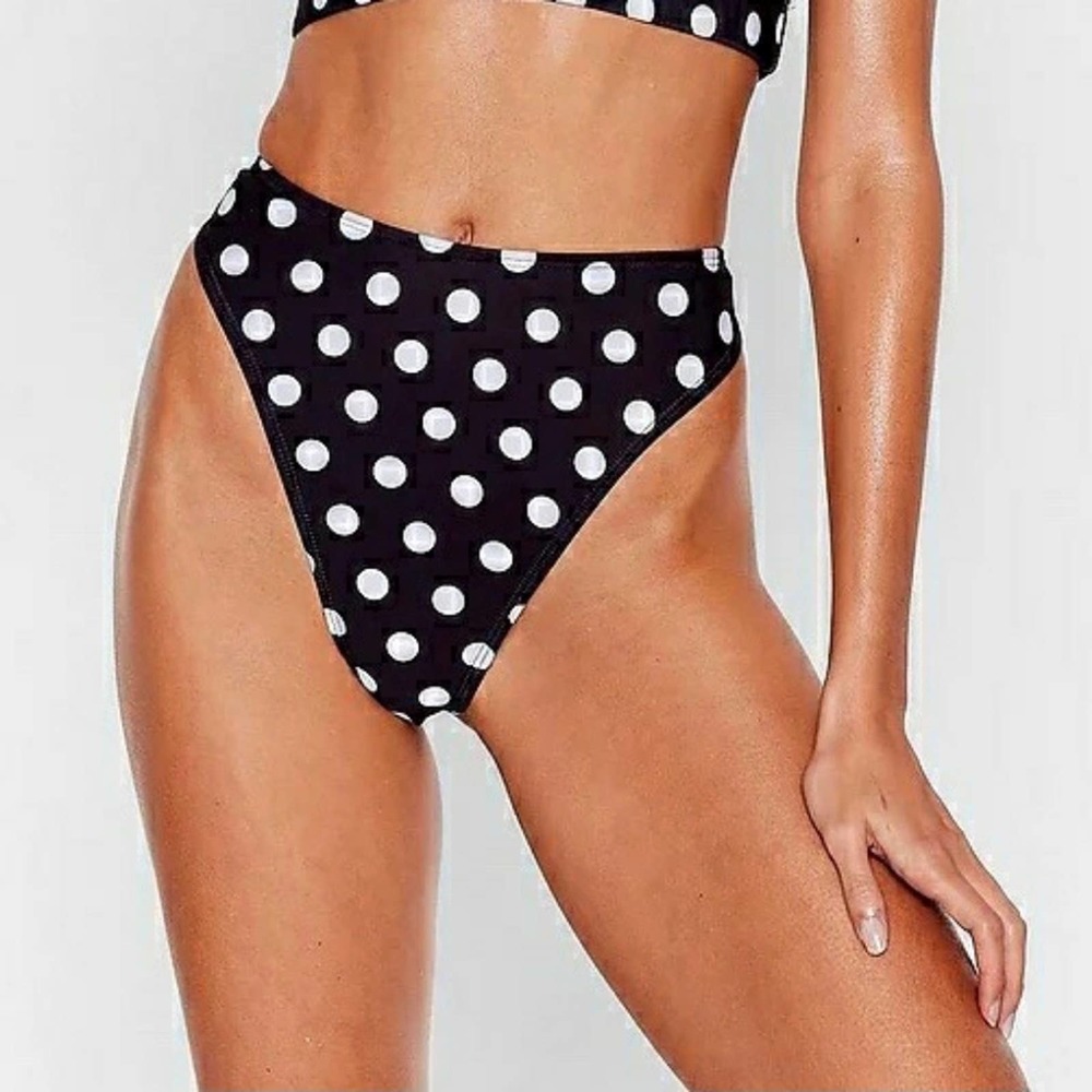 Nasty Gal Black and White Polka Dot High-Waist Bikini Bottom